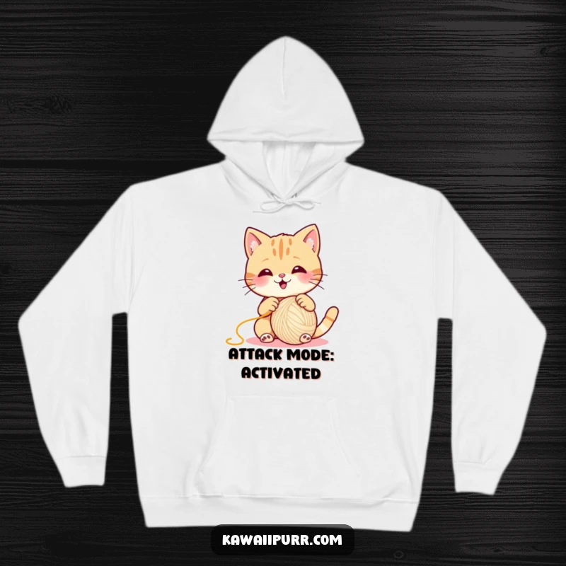 Funny Cat Hoodie, a happy cat tangled in and batting at a huge, vibrant ball of yarn.