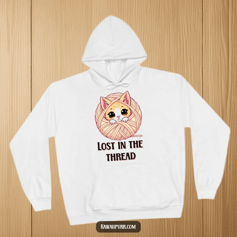 Funny cat hoodie featuring a shy cat peeking from behind a large ball of yarn, ideal for knitters.