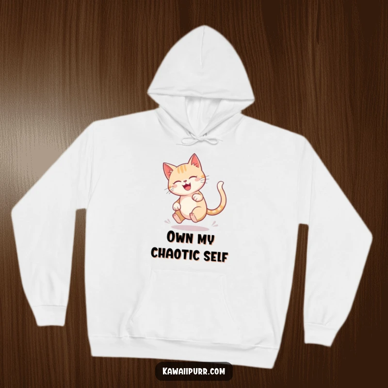 Funny cat hoodie depicting a character joyfully and dizzyingly chasing its tail in a circular blur.