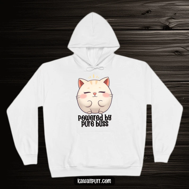 Funny Hoodie: Soft sweatshirt depicting a plump cat character with closed eyes, emitting a peaceful vibrating aura.