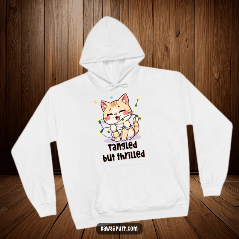 Funny kawaii cat tangled in lights, looking comically distressed, cozy in a hoodie.