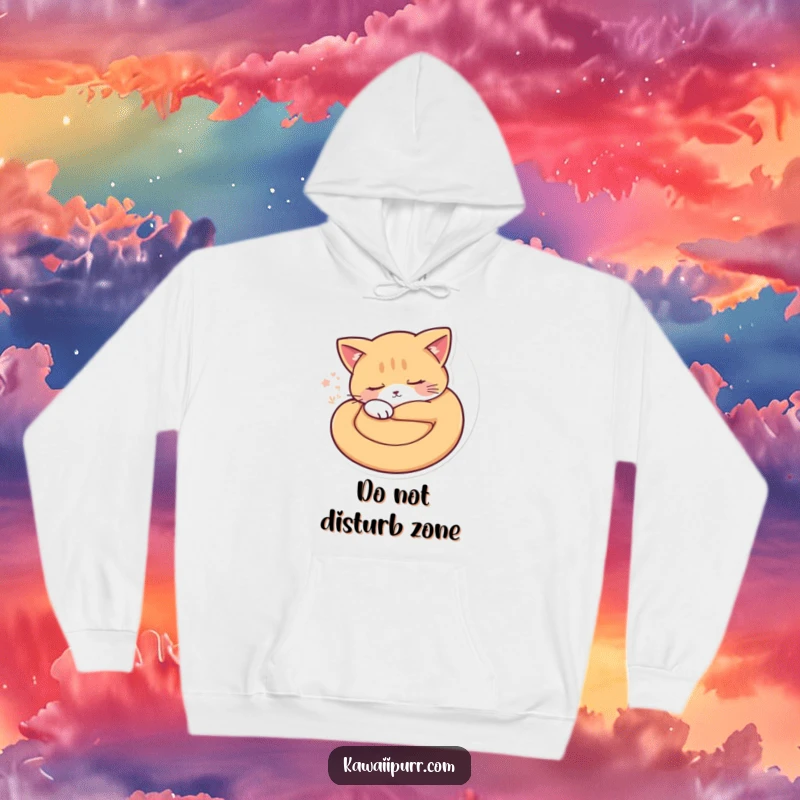 Funny sleepy cat curled up, showing soft purr vibrations, on a warm hoodie. Perfect funny gift for relaxation.