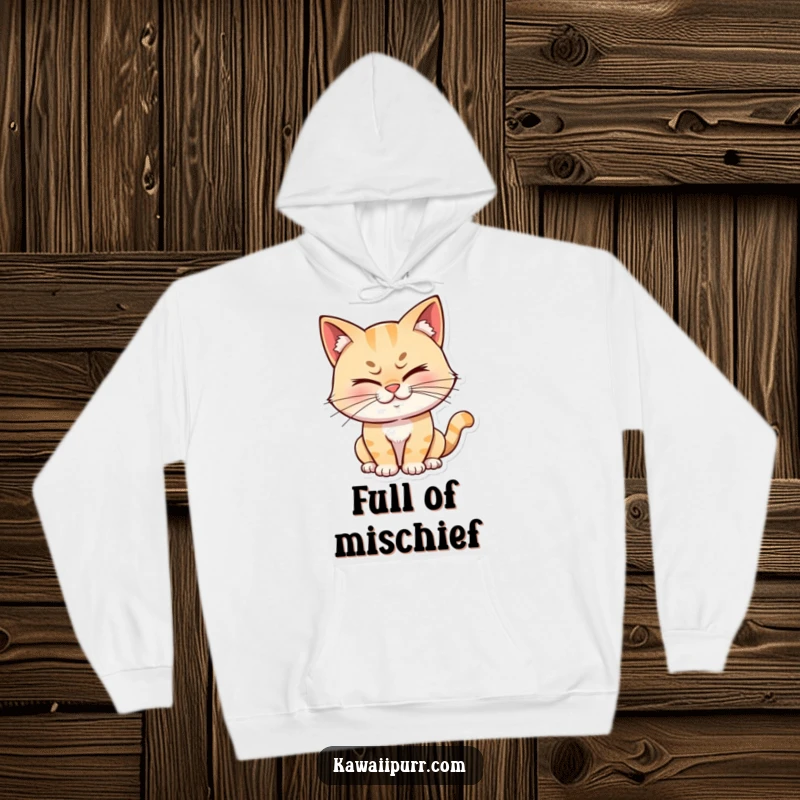 Funny cat character winking with a mischievous grin, depicted on a soft hoodie, perfect for conveying stealthy humor and comfort.