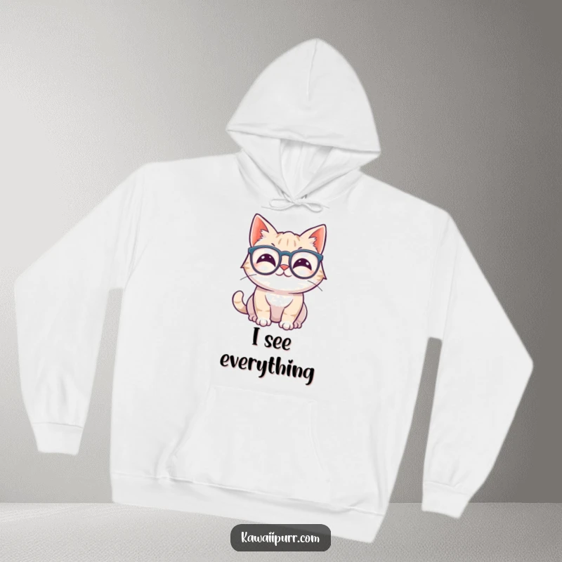 Funny kawaii cat wiggling ears, wearing oversized spectacles, comfortable in a hoodie.