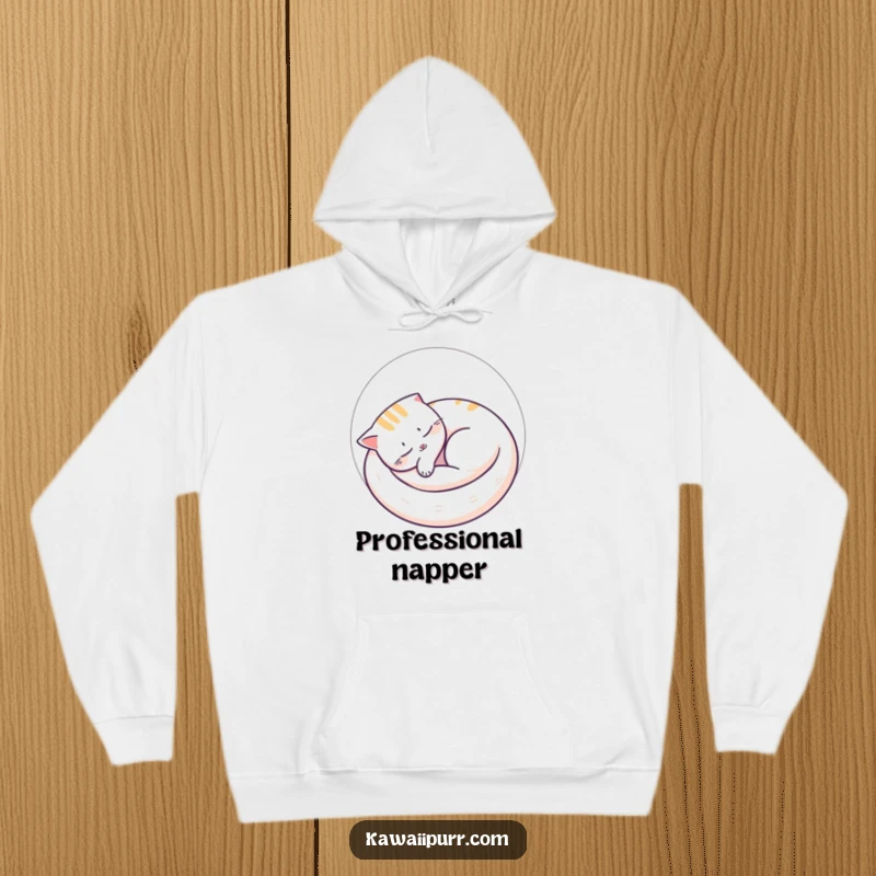 Funny cat hoodie showing a peaceful cat napping curled in a perfect circle with snoozing lines, offering ultimate comfort and irresistibly cute relaxation.
