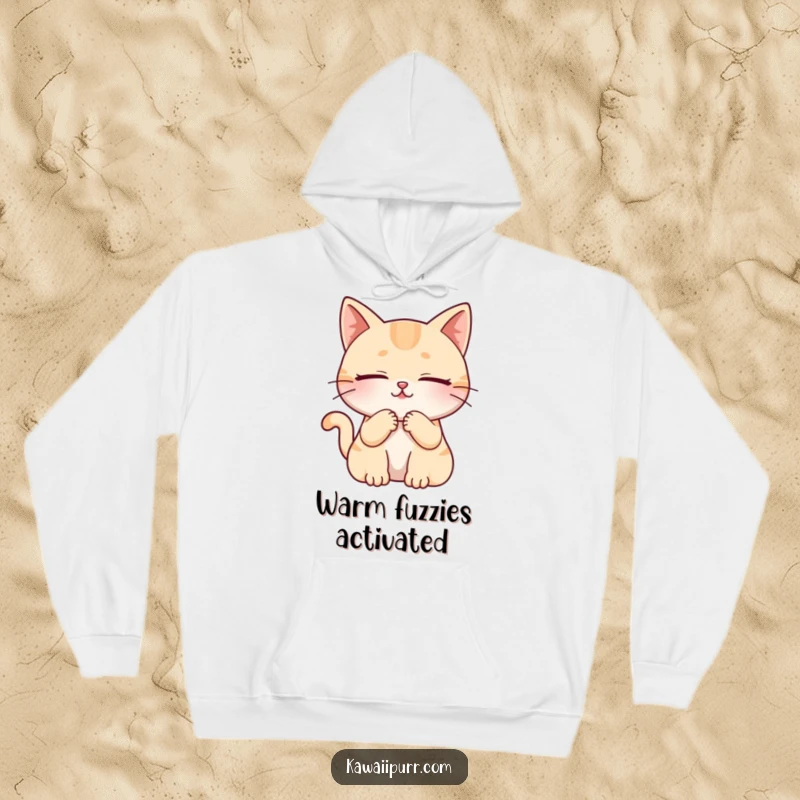 Funny cat character in a deep, contented purr with closed eyes, featured on a soft and warm hoodie.