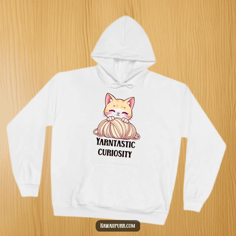 Funny hoodie featuring a curious cat peeking over yarn, offering warmth and playful charm.