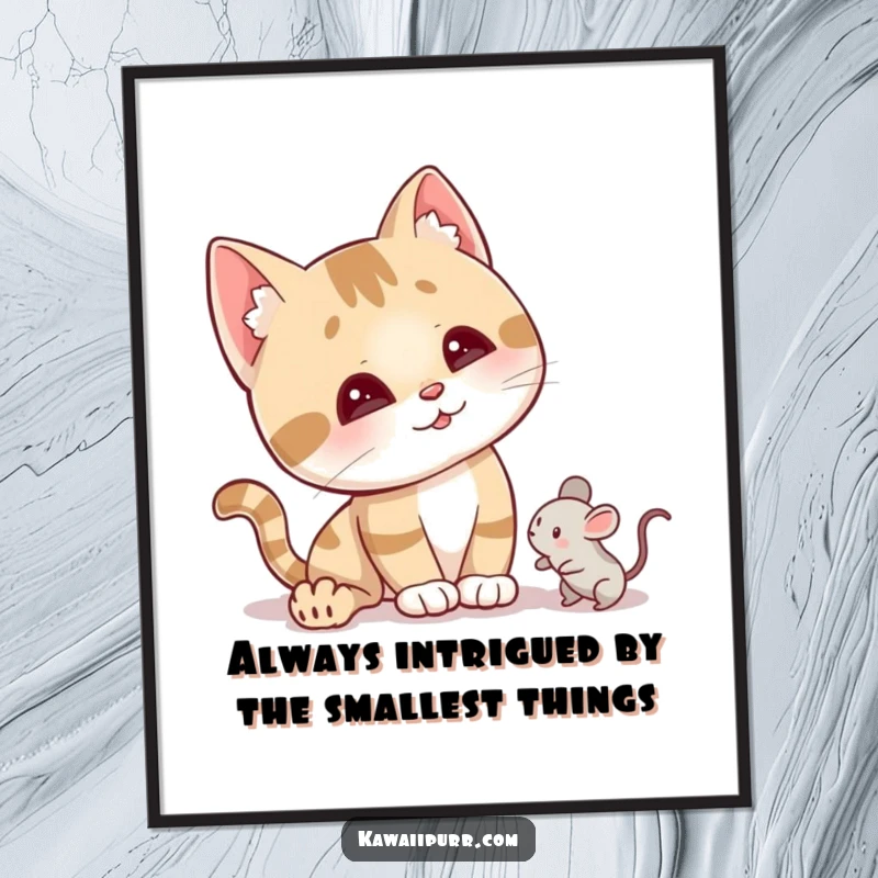 Funny Free Printable Wall Art: Cat tilting head curiously, ears alert, observing a tiny mouse toy.