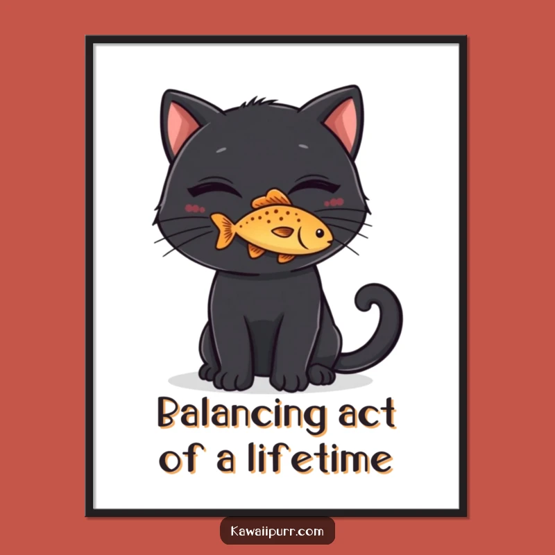 Free Printable Wall Art: Cat Balancing Fish Trick, Funny Downloadable Art for Quirky Decor