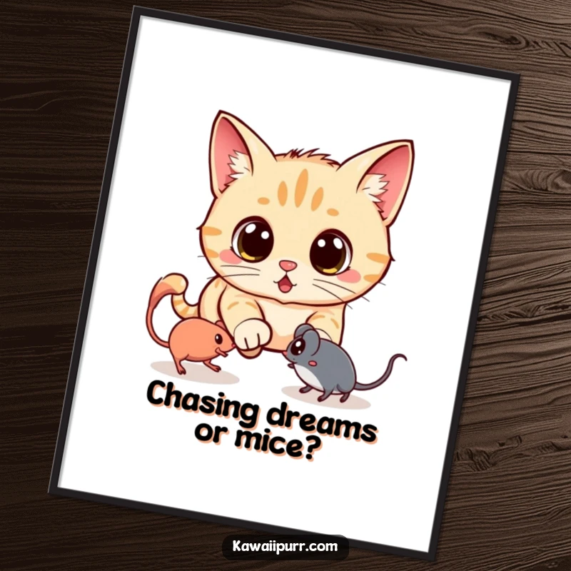 Funny Free Printable Wall Art: A Kawaii cat with comically wide eyes frantically chases a small, glowing spectral mouse.
