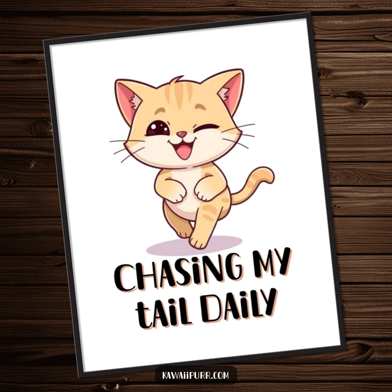 Funny Free Printable Wall Art: Cat character spins in a dizzy circle, grinning widely, mid-tail chase, full of playful energy.