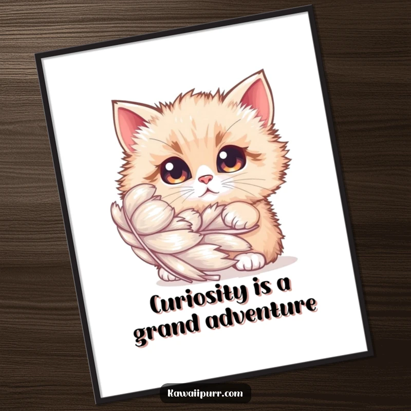 Funny Free Printable Wall Art: Fluffy cat with wide, curious eyes peeks out from behind a giant, shimmering feather.