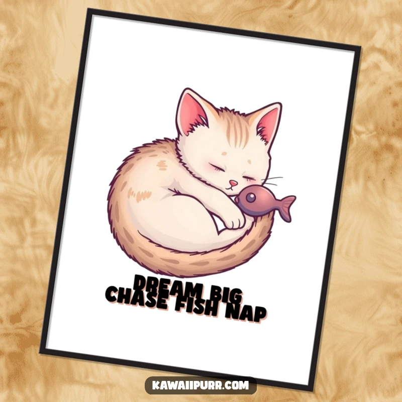 Funny Free Printable Wall Art: A peaceful kitten sleeping, with clear thought bubbles of swimming fish, adding charm.