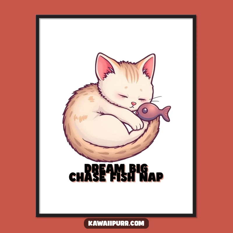 Free Printable Wall Art: Sleeping Kitten Dreaming of Fish, Funny Downloadable Decor