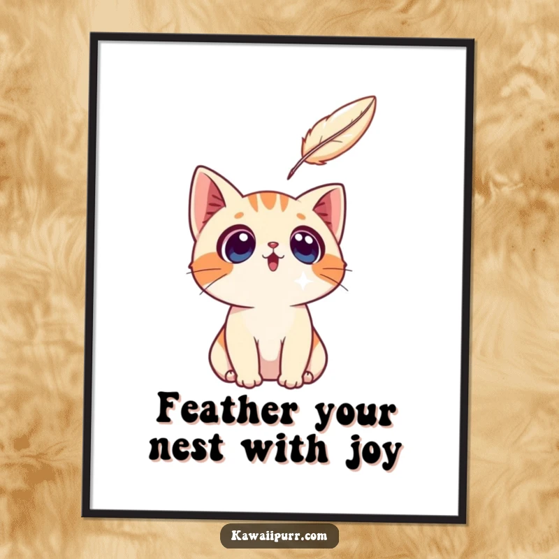 Funny Free Printable Wall Art: A surprised cat character looking up in wonder at a delicate floating feather.