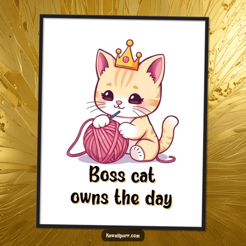 Funny Free Printable Wall Art: A cute Kawaii cat wearing a tiny crown, playfully batting at a ball of yarn.