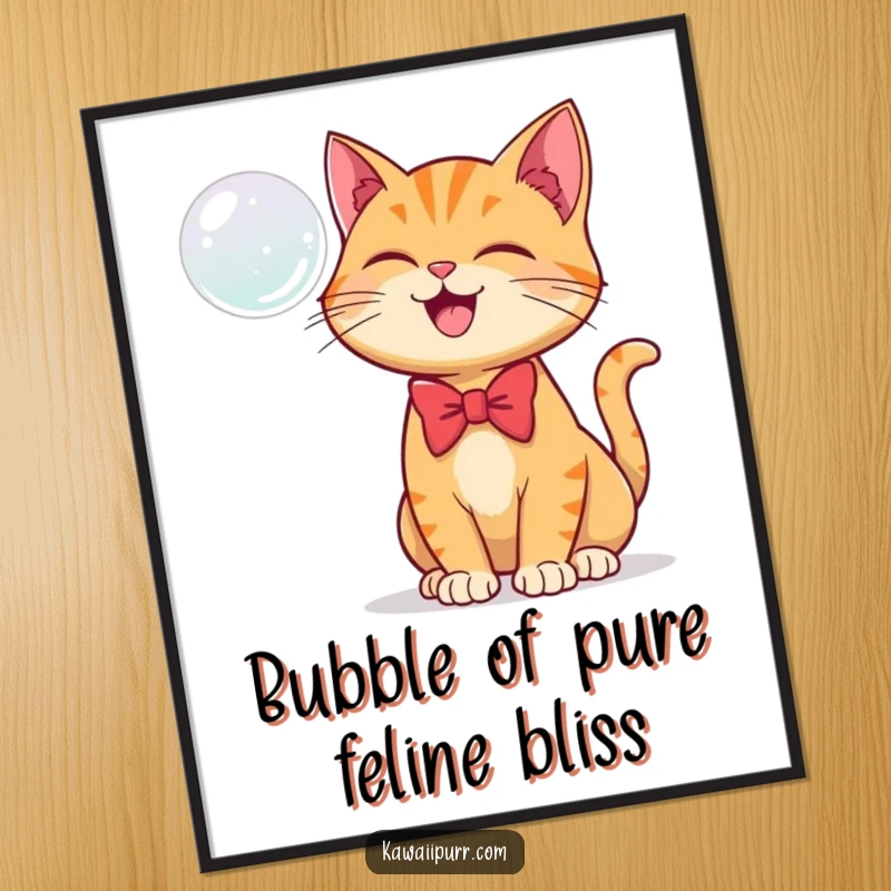 Funny Free Printable Wall Art: Ginger cat in a bowtie joyfully batting at a floating, iridescent bubble.