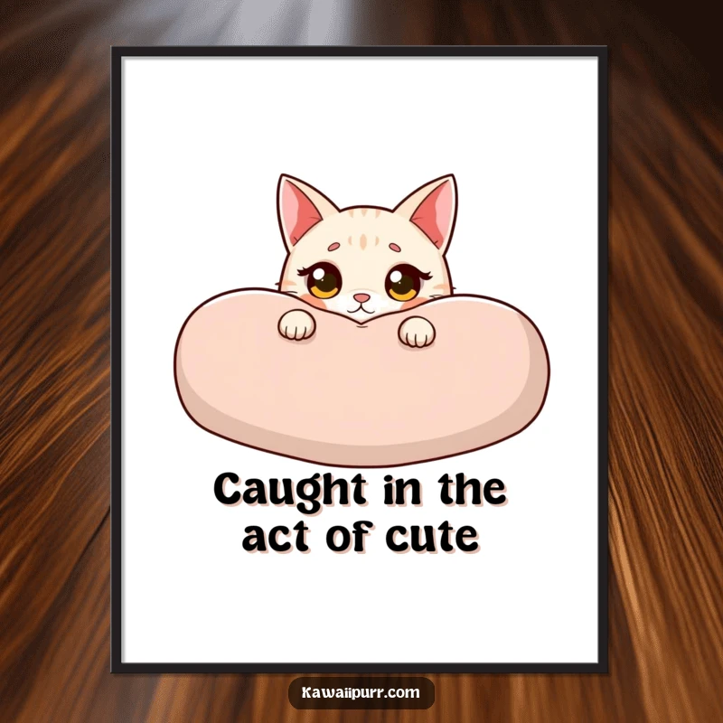 Funny Free Printable Wall Art: Cat peeking innocently from a cushion, wide eyes, slight blush, creating charming downloadable decor.