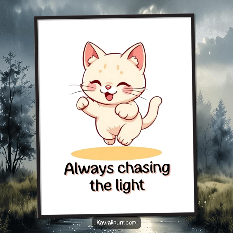 Funny Free Printable Wall Art: Playful kitty character with intense focus energetically chasing a red laser pointer dot, humorous downloadable decor.