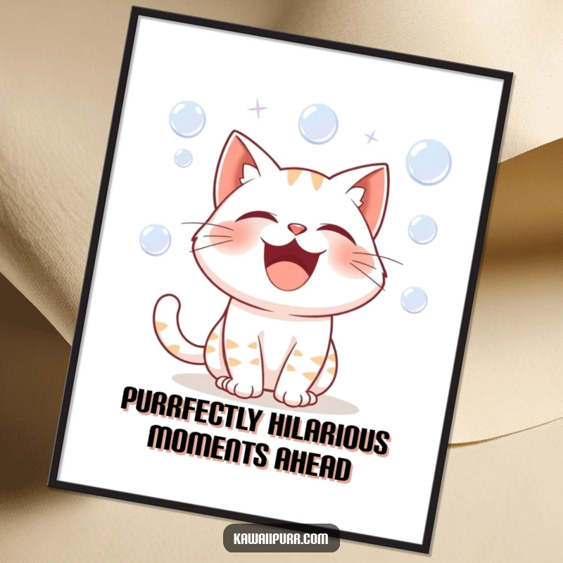 Funny Free Printable Wall Art: A joyful cat character laughing uncontrollably, with tiny bubbles scattering around.