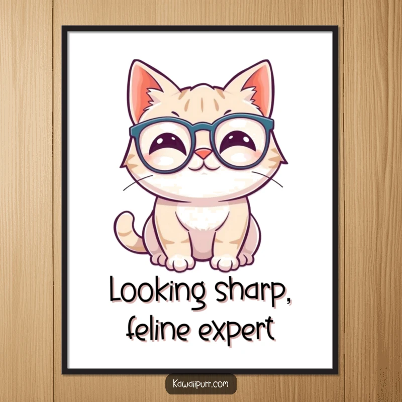 Funny Free Printable Wall Art: Kawaii cat wearing oversized spectacles and wiggling its ears with a humorous expression.