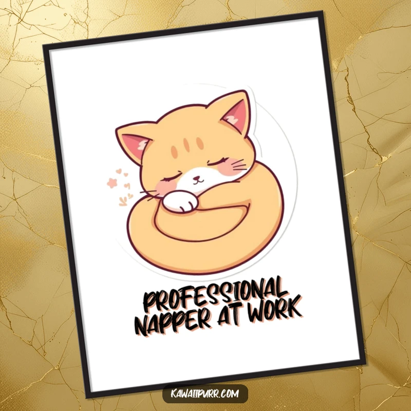 Funny free printable wall art featuring a perfectly curled, sleepy cat character radiating soft purr vibrations, embodying ultimate coziness and humor.