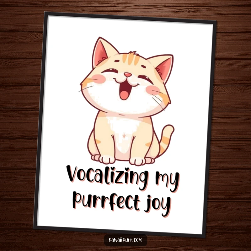 Funny Free Printable Wall Art: A cat character happily meowing upwards, mouth open, ears forward, spreading pure joy.