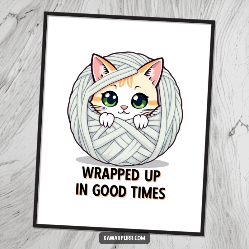 Funny Free Printable Wall Art: Cat character peeking with wide eyes from behind a giant ball of yarn, cute and humorous decor.