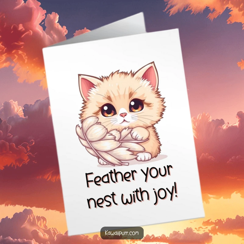 Funny Free Printable Birthday Card: Fluffy cat with curious eyes peeks from behind a giant shimmering feather.