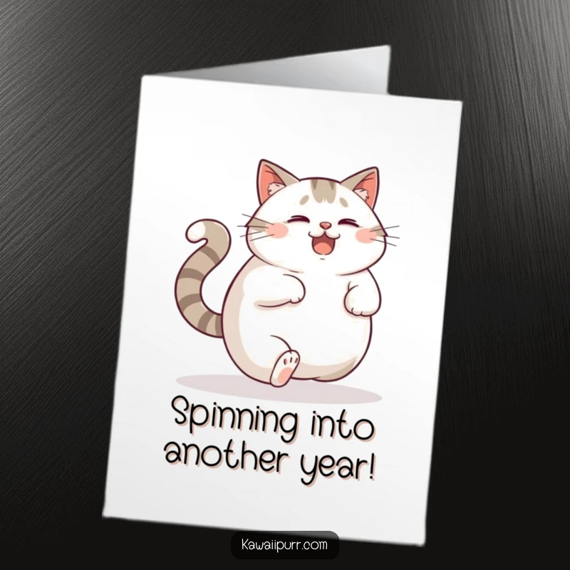 Funny Free Printable Birthday Card: A plump cat chases its tail with a look of delighted, confused glee.