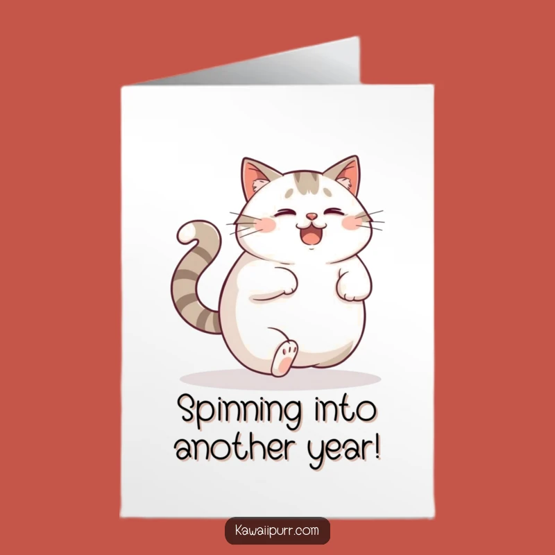 Free Printable Birthday Card: Confused Cat Tail Chase, Funny Downloadable Greeting for a Quirky Celebration