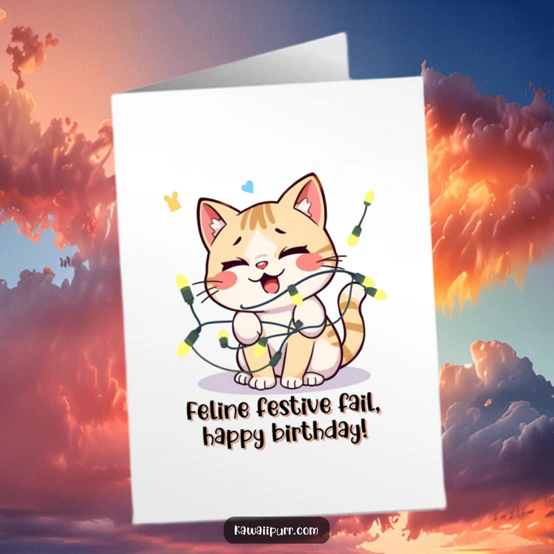 Funny Free Printable Birthday Card: Kawaii cat hopelessly tangled in fairy lights, looking utterly bewildered.