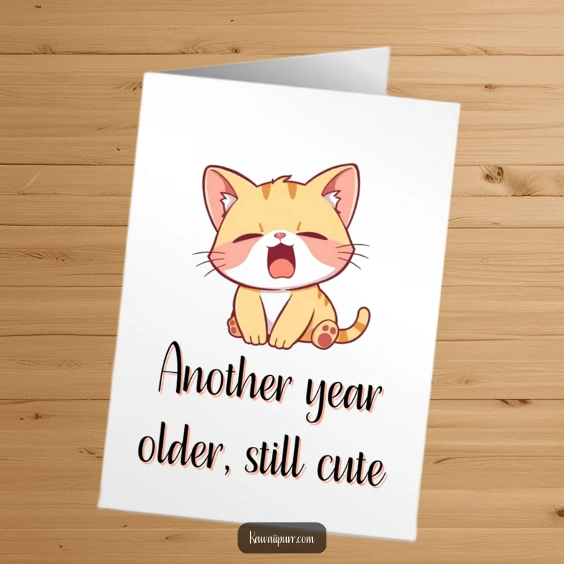 Funny Free Printable Birthday Card: Adorable kitten stretching lazily, yawning wide, perfect for a printable gift.