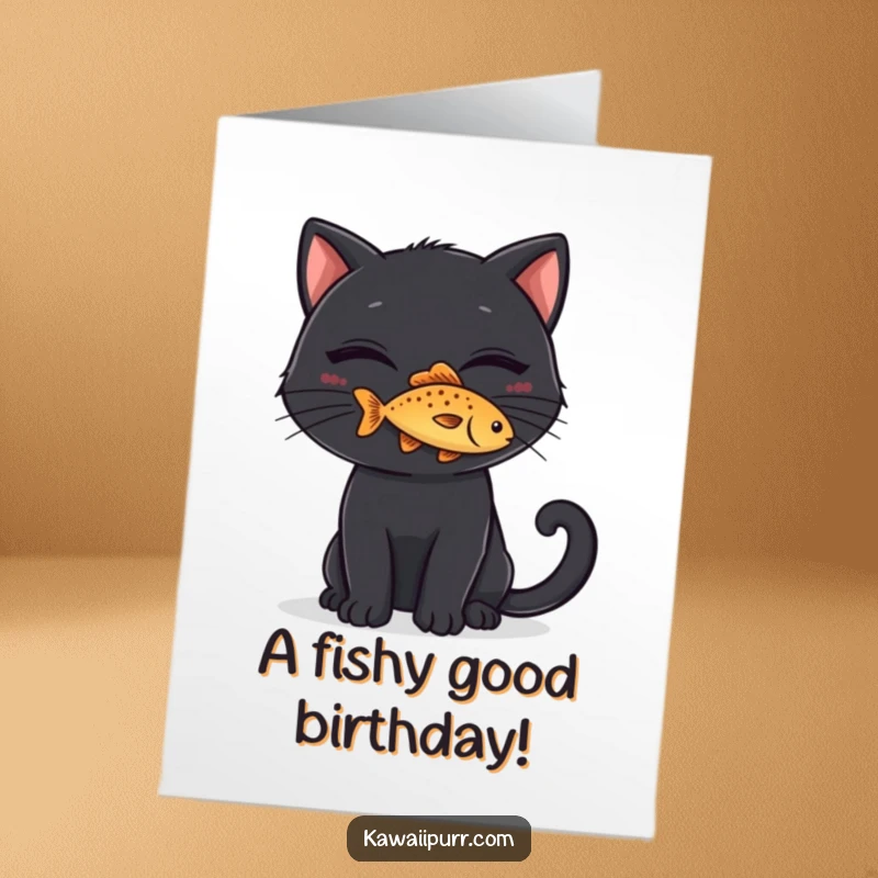 Funny Free Printable Birthday Card: Black cat with a mischievous grin balances a tiny fish on its nose.