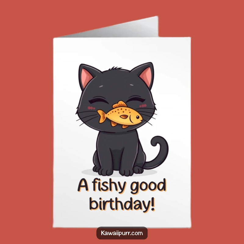 Free Printable Birthday Card: Mischievous Cat Fish Balance, Funny Downloadable Greeting for Tricksters