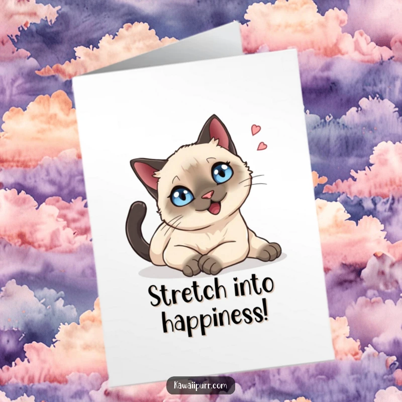 Funny Free Printable Birthday Card: Siamese cat with sparkling blue eyes stretches languidly, exhaling a happy sigh.