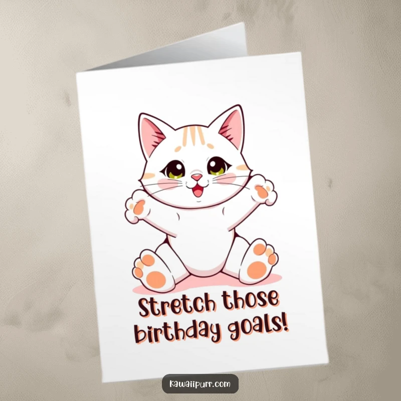 Funny Free Printable Birthday Card: Cat doing a big stretch with wide paws, an energetic and humorous message.