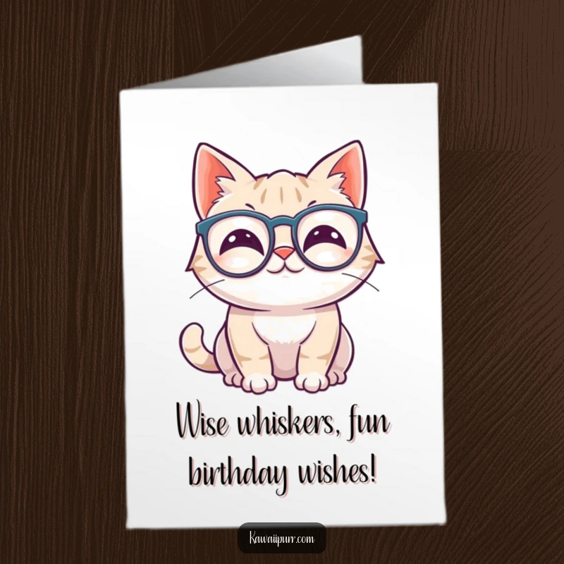 Funny Free Printable Birthday Card: Kawaii cat humorously wearing oversized spectacles and wiggling its ears.
