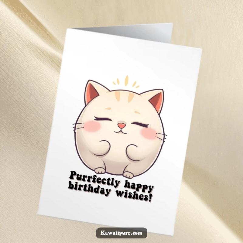 Funny Free Printable Birthday Card: Plump cat with closed eyes, emitting a soft vibrating aura, conveying peace and humor for a downloadable card.