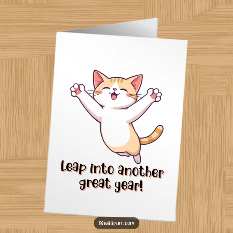 Funny Free Printable Birthday Card: Cat mid-leap, paws out, celebrating an occasion with humor, downloadable art.