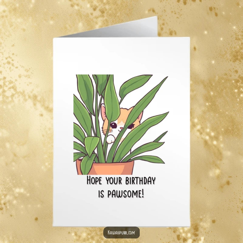 Funny Free Printable Birthday Card: Cat peeking mischievously from behind a large houseplant, playful and humorous.