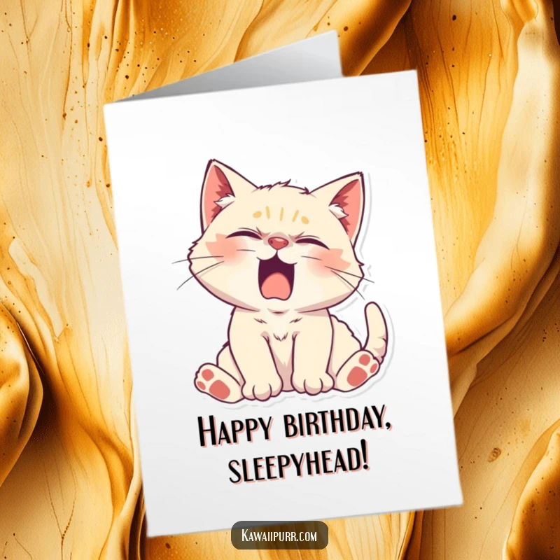 Funny Free Printable Birthday Card featuring a sleepy kitten stretching and yawning, embodying pure relaxation.