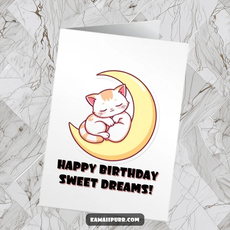 Funny Free Printable Birthday Card featuring a cute, sleepy cat character nestled comfortably on a crescent moon, invoking peaceful dreams.
