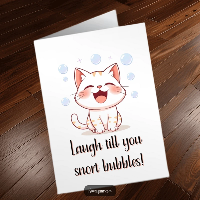 Funny Free Printable Birthday Card: A cartoon cat erupting in laughter, with joy bubbles floating around it.