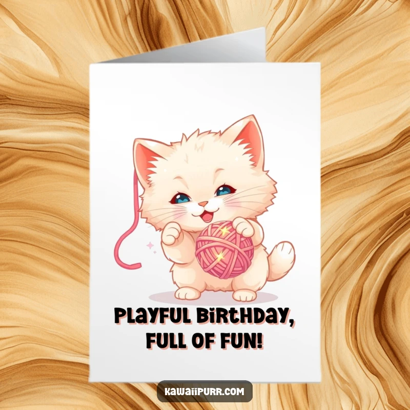 Funny Free Printable Birthday Card: Fluffy kitten playfully batting a sparkly yarn ball, perfect for a cute and funny downloadable birthday message.