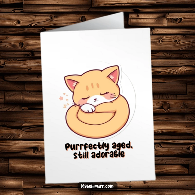 Funny free printable birthday card showing a round, sleepy cat character curled up, emitting soft purr vibrations for a cozy celebration.