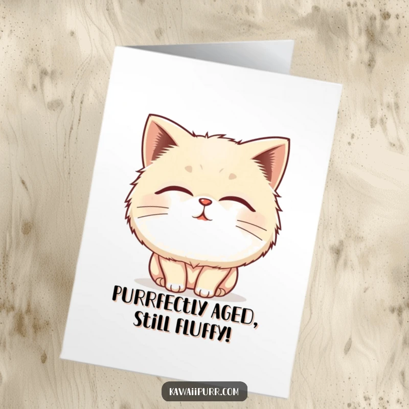 Funny Free Printable Birthday Card: Fluffy cat purring ecstatically, eyes closed, with vibrating happy lines.