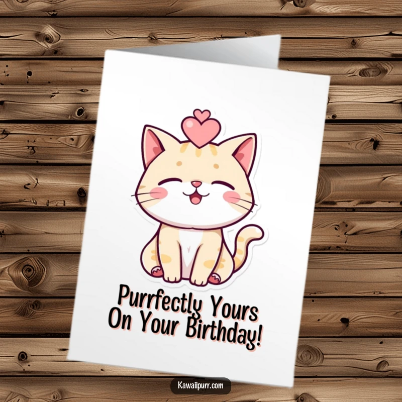 Funny Free Printable Birthday Card: A cute cat purring with love, heart symbol above, perfect for spreading joy.