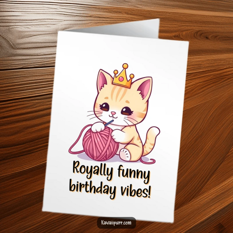 Funny Free Printable Birthday Card: A cute Kawaii cat wearing a tiny crown playfully batting at a colorful yarn ball.