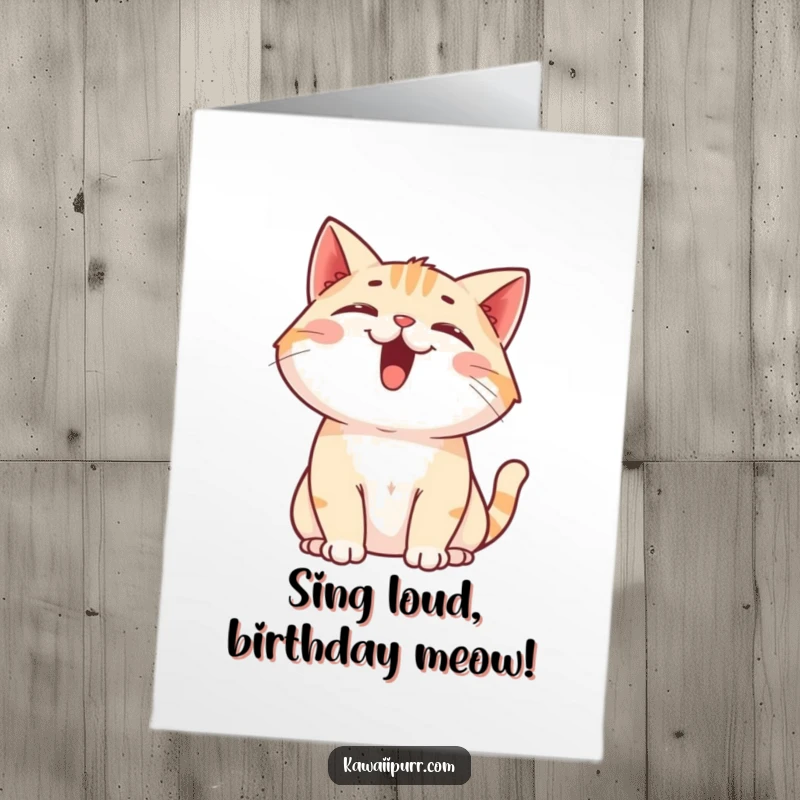 Funny Free Printable Birthday Card: A cat happily meowing upwards, with mouth open and ears forward, spreading joy.